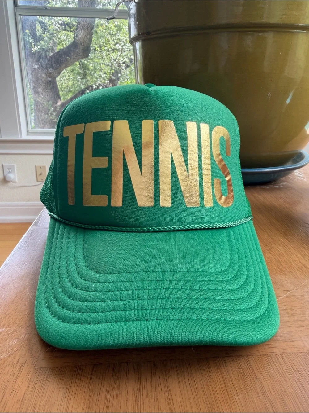 Green Trucker Hat with Gold 'TENNIS' Lettering